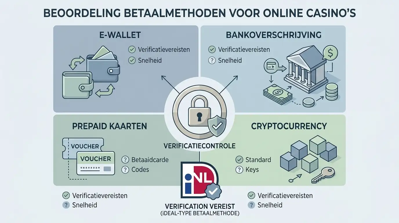 Abstracte betaalmethodenmatrix met e-wallet, bankoverschrijving, prepaid en crypto en een apart controlepunt voor iDEAL