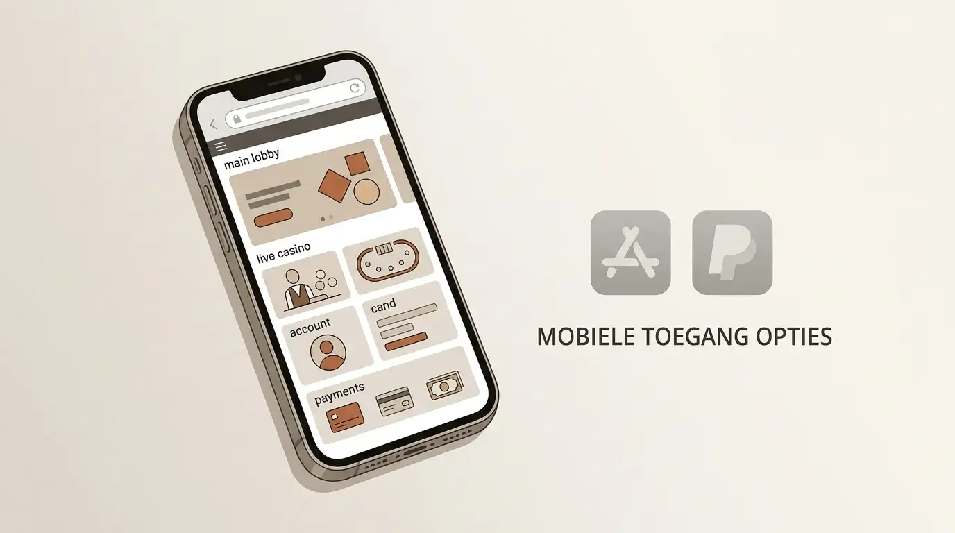 Smartphone met een mobiele browser en PWA-achtige casino-interface naast neutrale niet-bevestigde app-store symbolen