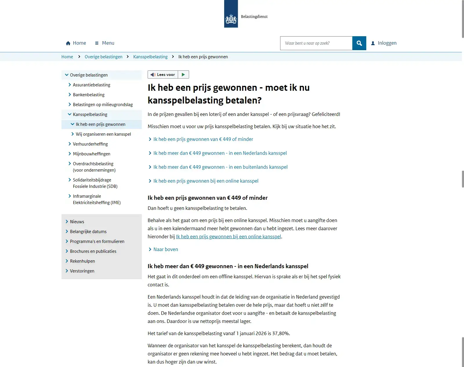 Belastingdienst-pagina over kansspelbelasting en het tarief van 37,80 procent vanaf 1 januari 2026