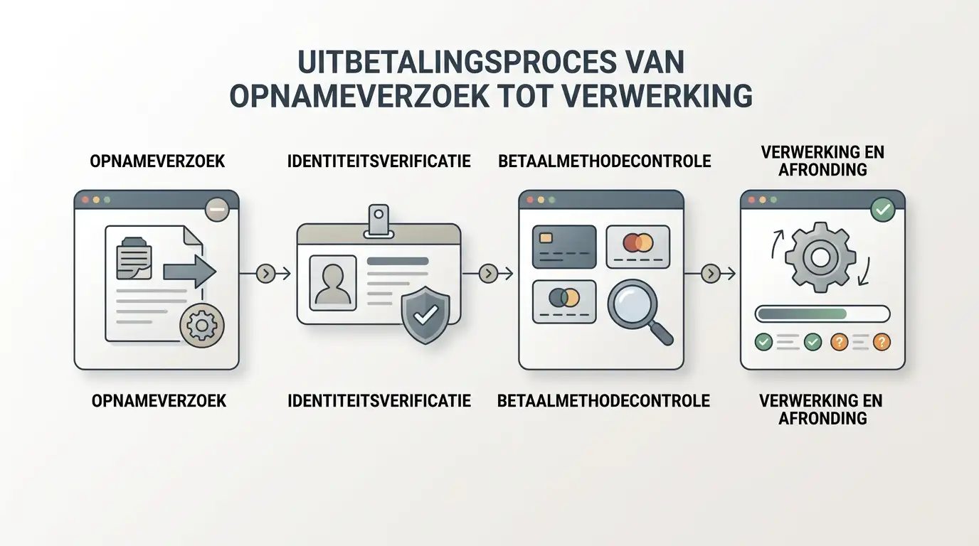 Neutrale opnameflow met verzoek, KYC-controle, betaalmethode en verwerking zonder vaste limietbedragen