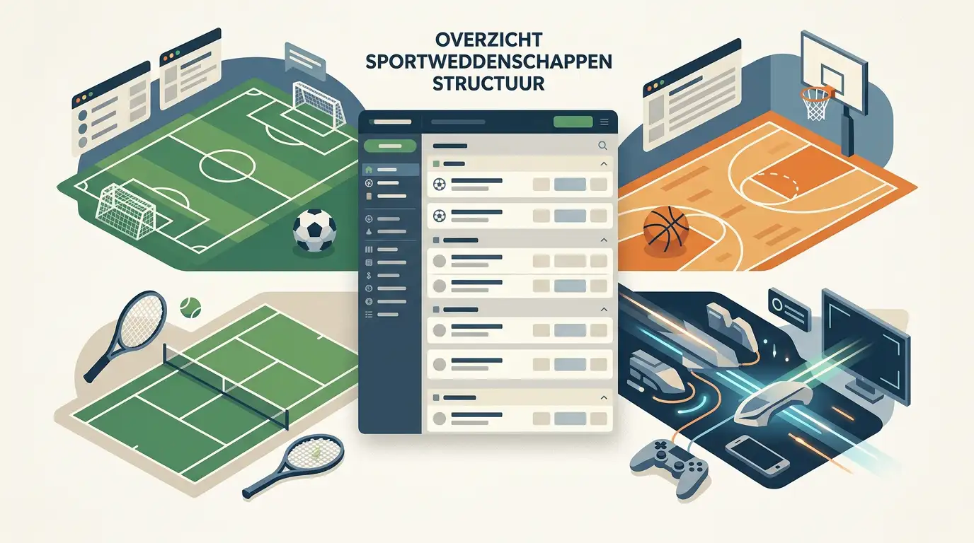 Neutrale sportsbookillustratie met abstracte symbolen voor voetbal, tennis, basketbal en e-sports zonder odds of casinobranding
