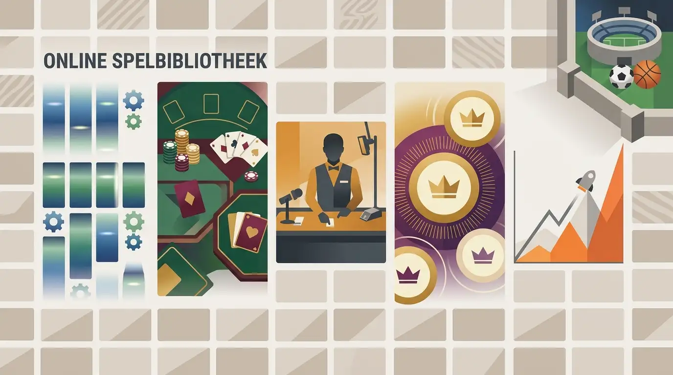 Abstracte casinobibliotheek met zones voor slots, tafelspellen, live casino, jackpots en sport