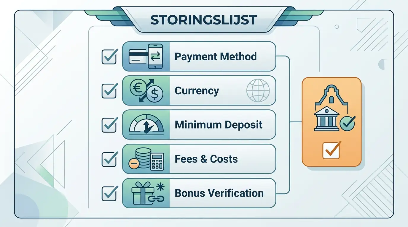 Neutrale stortingschecklist met betaalmethode, valuta, minimumbedrag, kosten en bonuscontrole zonder merklogo of betaalinterface