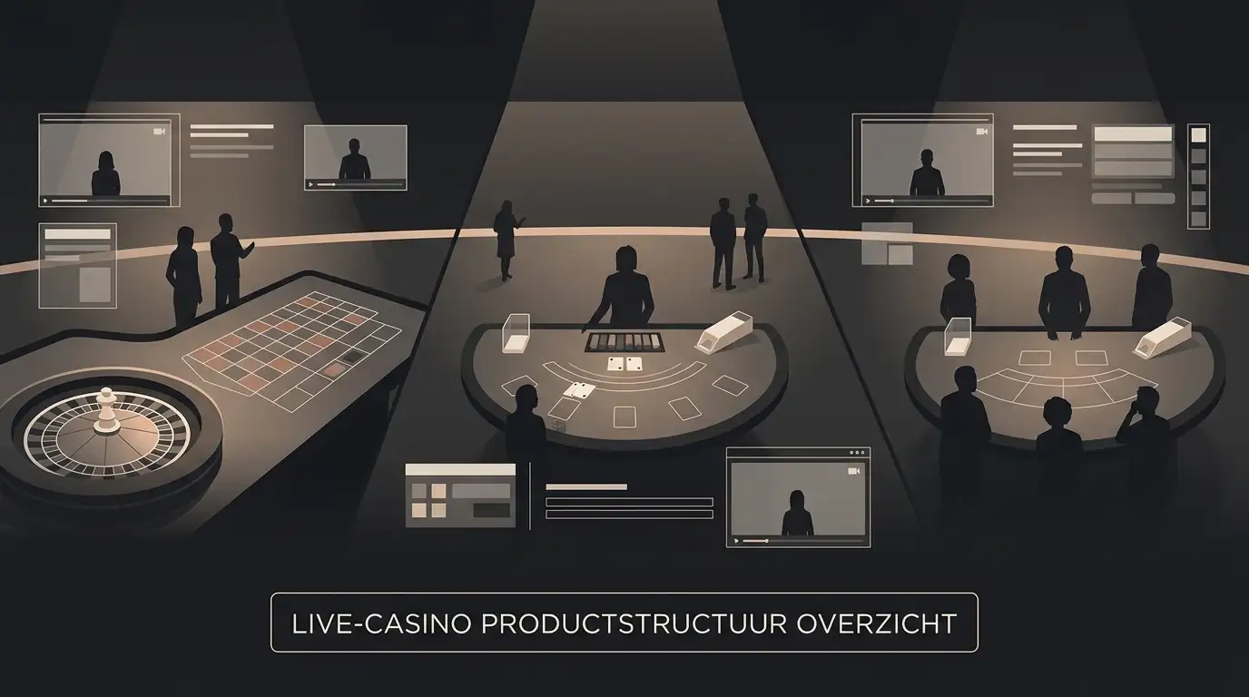 Gestileerde live-casinostudio met neutrale roulette-, blackjack- en baccarat-tafels zonder echte casinobranding