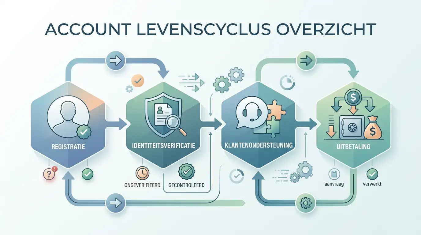 Neutraal account-lifecycle diagram met registratie, verificatie, support en opname, met onderscheid tussen bevestigd en onbevestigd