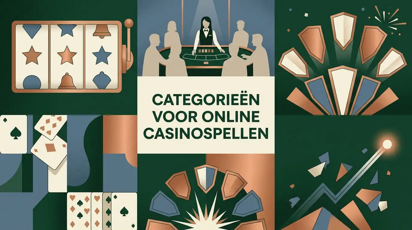 Abstracte categoriekaart met slots, live casino, tafelspellen en andere casinocategorieën zonder merksymbolen